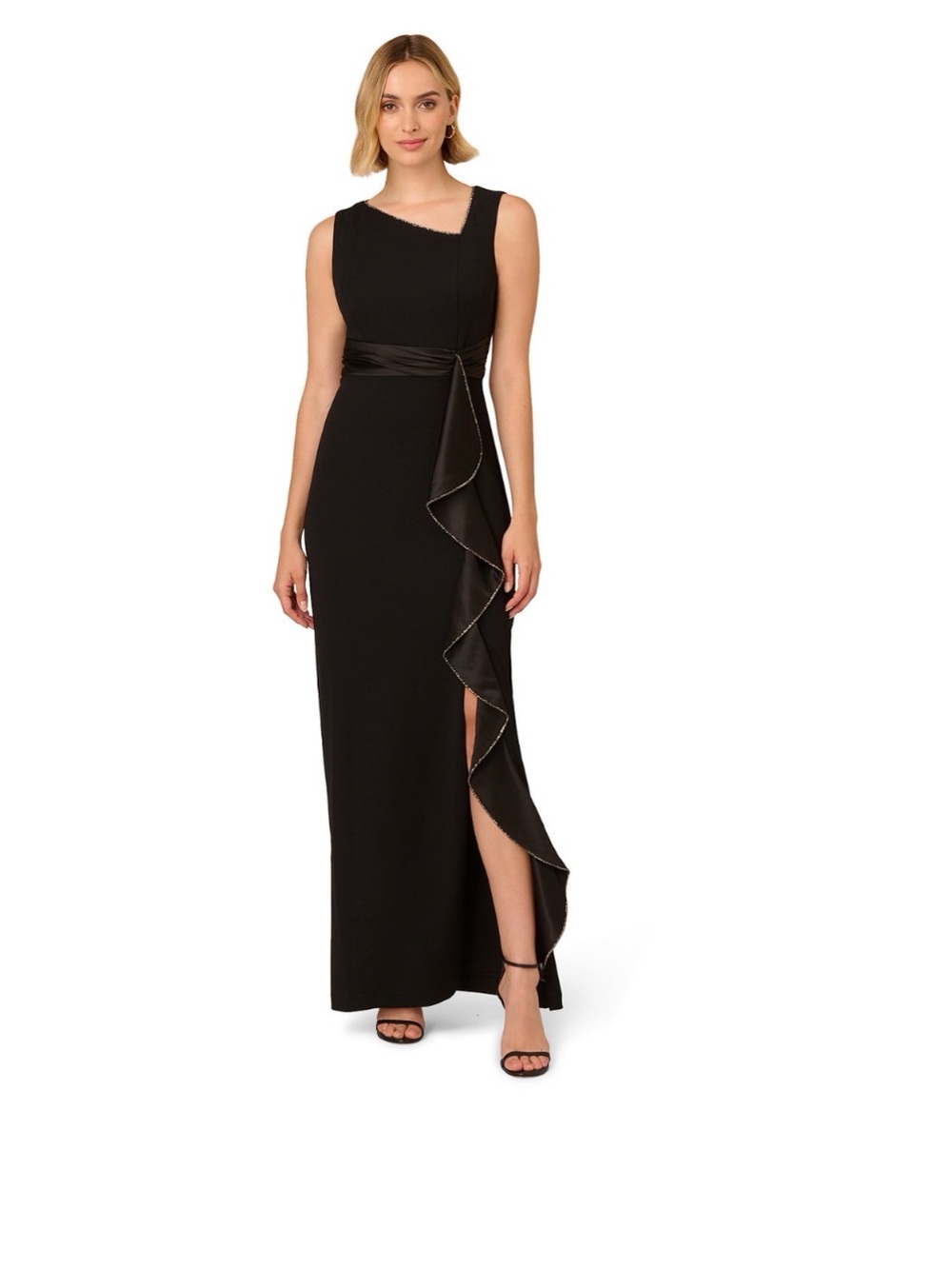 Adrianna Papell Black Ruffle Slit Formal Gown Dress Size 14 NWT GALA MOB Evening